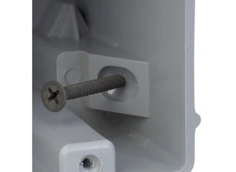 1 Gang Electrical Box for Lighting and Fans, Heavy Duty Ceiling Fan and Light Fixture Mount, 22.5 Cu In Capacity with Depth Adjustment, Top or Bottom Wire Entry, Built In Wire Clamps, Gray MSB22 Plus, Wood or Metal Stud Compatible screw detail