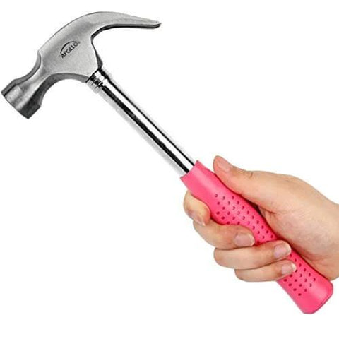 Pink-handled hammer from 39 Piece General Household Tool Set In A Sturdy Toolbox Case For Everyday Home Repairs, DIY Projects, And Crafts.