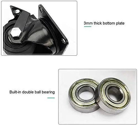 Built Like A Tank Smooth Rollin Heavy Duty Twin Wheel Casters With Locking Brake And Galvanized Mounting Plate For Furniture Cabinets And Trolleys Pack Of Four 360 Swivel 2 Inch Nylon 1100 Lbs showing 3mm thick bottom plate and built-in double ball bearing.