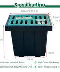 Rock Solid Heavy Duty Catch Basin Sump Pump With Drain Lid And Debris Basket For No Sweat Yard Drainage Featuring Durable Polyethylene Basin dimensions under specifications.