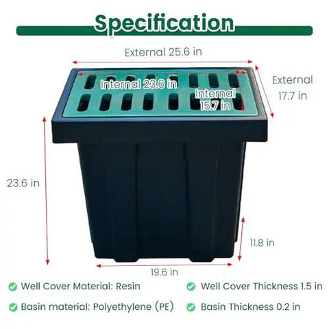 Rock Solid Heavy Duty Catch Basin Sump Pump With Drain Lid And Debris Basket For No Sweat Yard Drainage Featuring Durable Polyethylene Basin dimensions under specifications.