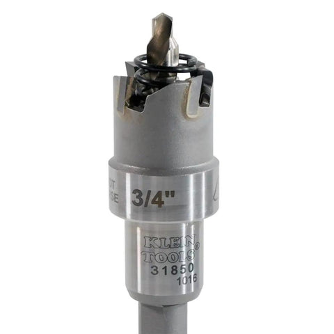 Heavy Duty 3 4 Inch Carbide Hole Cutter Rips Through Metal Sheets Like Hot Butter Cuts Crisp Holes In Stainless Steel Iron Copper Brass Up To 3 16 Thick Shop Grade Power Tool Bit close-up of 3/4 inch carbide hole cutter with pilot and stop flange.
