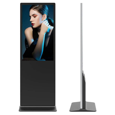 Top Tier 49 Inch Interactive Digital Signage Floor Standing Kiosk With 10 Point Infrared Touch Screen And Legit Crisp Full Hd Display Monitor in profile view.