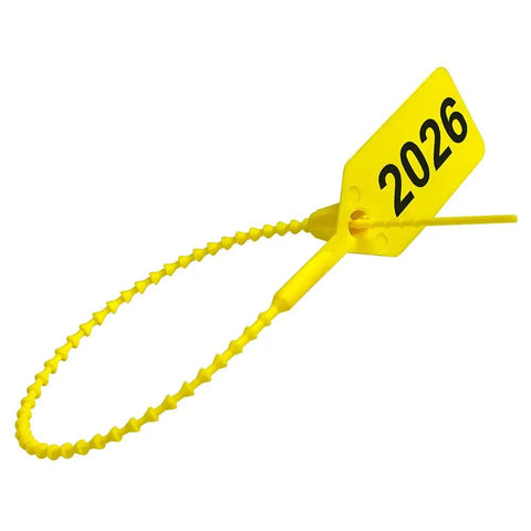 Heavy Duty 2026 Dated Fire Extinguisher Tamper Seals Yellow Zip Ties 9 Inch UL Rated for securing fire equipment.