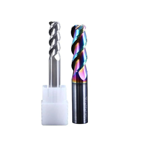 Front view: two round-nose carbide end mills, silver 3-flute and rainbow-coated bullnose variants for CNC routing.