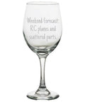 Clear wine glass with 'Weekend forecast: RC planes and scattered parts' text, RC Planes Wine Glass Gift For RC Nerds And Aviation Fans.