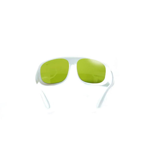 Pro Grade Infrared Laser Protective Eyewear Built Different For Pros With Crystal Clear View And Straight Up Reliable Blocking For Nd Yag Diode Systems And High Power Beams, front view with green lenses.