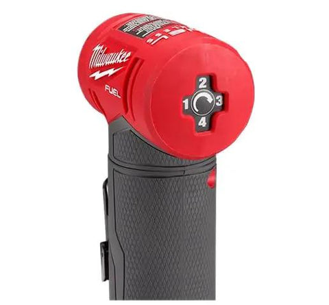 Close-up of the Top Shelf Brushless Right Angle Die Grinder 12V Cordless Powerhouse, showing speed settings and ergonomic handle.