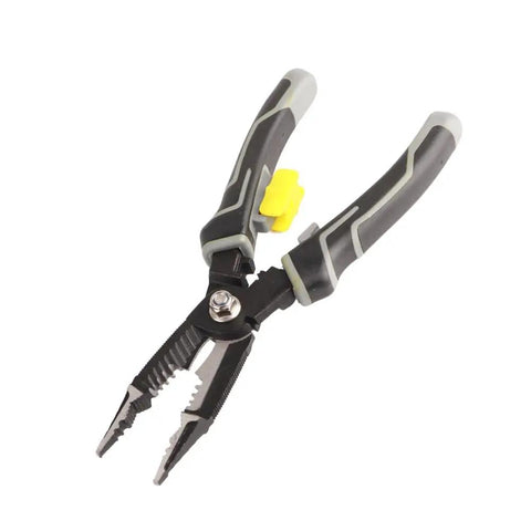 9 In 1 Electrician Pliers Set With Sturdy Carbon Steel For Wire Stripping Cutting Crimping And More, showing black handles and metal jaws