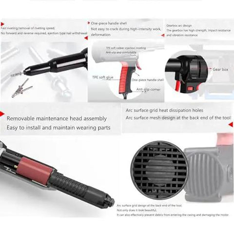 Heavy Duty Corded Electric Rivet Gun With Brushless Motor Six Hundred Watt Power Tool Kit For Four To Six Point Four Millimeter Rivets showing removable maintenance head and handle design.