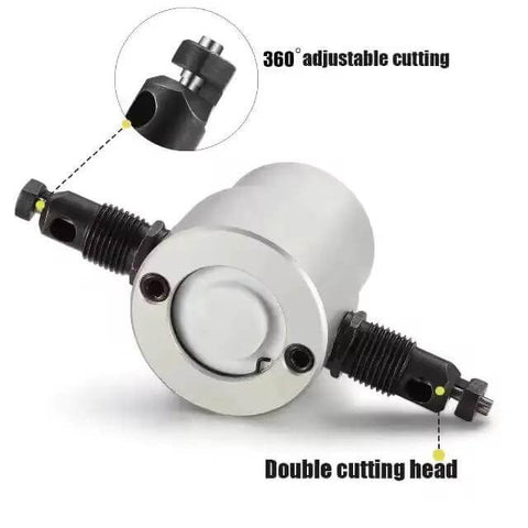Heavy Duty Double Headed Sheet Metal Cutter with adjustable cutting heads and 360-degree maneuverability, tools visible.