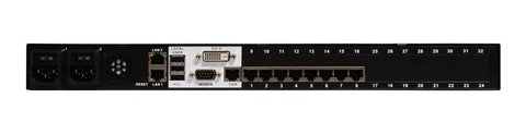 Heavy Duty 8Port KVM Over IP Switch With DVI Local Port Dual Power Backup And Virtual Media Mount rear view showcasing ports and connectors.