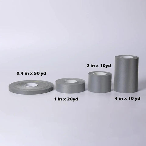 High Visibility Silver Reflective Sew On Fabric Tape Strips in various sizes, including 1 Inch By 20 Yards, shown in rolls.