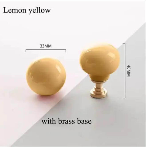 Totally Fresh Ceramic Ball Cabinet Knob Lemon Yellow Single Hole Drawer Pull For Bedroom Dresser And Kitchen Cupboard Lowkey Perfect Hardware Upgrade That Hits Different, 33mm wide, 46mm high with brass base.