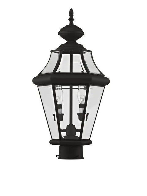 Georgetown 2-Light Outdoor Post Head In Polished Brass With Clear Beveled Glass, black finish, close-up view