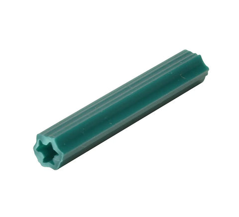 Close-up of green expanding plastic screw anchor from Expanding Plastic Screw Anchors Set For Concrete Tile And Marble One Quarter Inch Hole Two Inch Length Color Coded Nine Size Options For Screws From Four To Sixteen Ideal For Masonry Fastening And Versatile Wall Mounting.