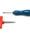 Heavy Duty Wedge Bradawl And Gimlet Set Featuring Killer Contoured Grips showing red T-handle gimlet and blue bradawl for woodwork.