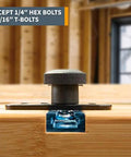 Side view of Toggle Clamp Mounting Plate Kit with Round 5/16-18 Knobs and T-Bolts for T-Track Accessories installed in wood.