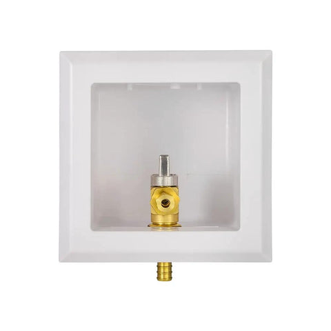 Universal Ice Maker Box with Half Inch PEX Crimp Inlet and Brass Ball Valve, snap-on faceplate, NSF 61 G compliant, 5x3x2 in