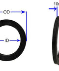 4 Pack Hub Centric Rings Poly Carbonate Wheel Adapters showing dimensions, 73mm OD, 56mm ID, 10mm thickness for accurate fitment.
