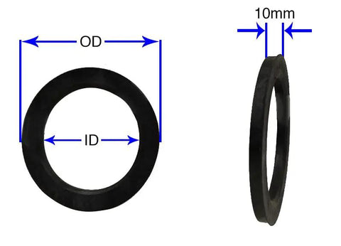 4 Pack Hub Centric Rings Poly Carbonate Wheel Adapters showing dimensions, 73mm OD, 56mm ID, 10mm thickness for accurate fitment.