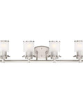 Front view of Dope 4 Light Bath Vanity Fixture In Satin Platinum Incandescent Mount Up Or Down, Essence Collection, with glass shades.