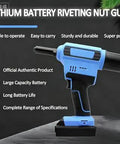 Cordless Brushless Rivet Gun With 20V Battery, Quick One Touch Stainless Steel Fastening Tool, No Sweat Heavy Duty Metal Driver, Includes Charger Case, Job Site Ready Performance in blue color with large capacity battery.
