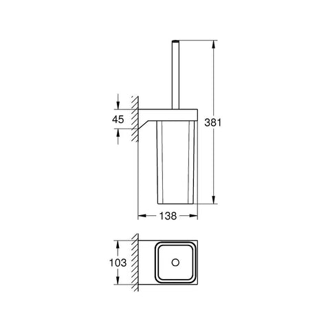 Technical drawing of Selection Cube Toilet Brush Set in Starlight Chrome for a slick wall mounted look, showing dimensions and installation.