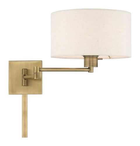 Bronze Finish One Light Swing Arm Wall Lamp With Oatmeal Fabric Shade Twenty Four And A Quarter Inch Includes Three Way Switch