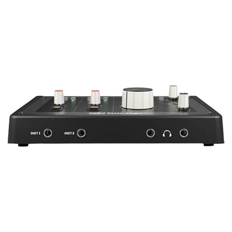 Front view of 2x2 USB Audio Interface With Dual Mic Preamps, 32-Bit 192 kHz AD and DA, featuring headphone and instrument inputs