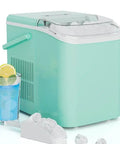 Portable Ice Maker with Self Cleaning System and Scoop Delivers Fresh Ice in Under 6 Minutes for Any Countertop Vibes Comes Complete with Storage Basket for Effortless Serving while Bullet Shaped Cubes Ensure Your Beverages Stay Frosty During Weekend with a drink.