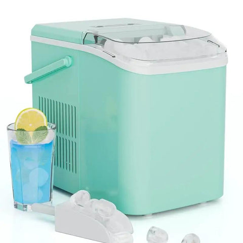 Portable Ice Maker with Self Cleaning System and Scoop Delivers Fresh Ice in Under 6 Minutes for Any Countertop Vibes Comes Complete with Storage Basket for Effortless Serving while Bullet Shaped Cubes Ensure Your Beverages Stay Frosty During Weekend with a drink.