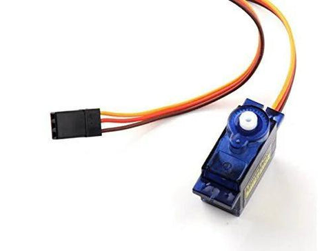 Blue SG90 micro servo motor with three-wire connector for RC robots and aircraft.