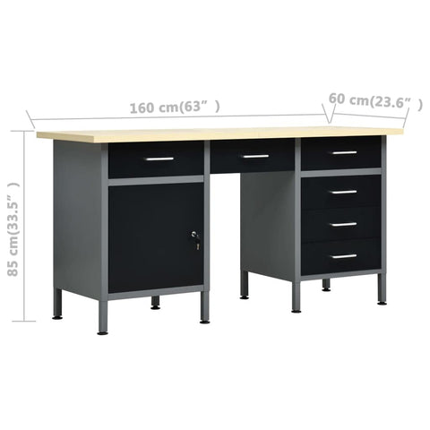Beefy 63 Inch Heavy Duty Workbench With Perforated Wall Panels 6 Drawers Lockable Cabinet Adjustable Feet For Garage Organization Steel Frame Engineered Wood Top 1100 Lb Load Capacity front view