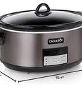 Front view of 8-Quart Go-To Programmable Slow Cooker with Auto Warm, digital timer, and easy cleanup in black stainless steel.