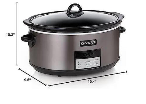 Front view of 8-Quart Go-To Programmable Slow Cooker with Auto Warm, digital timer, and easy cleanup in black stainless steel.