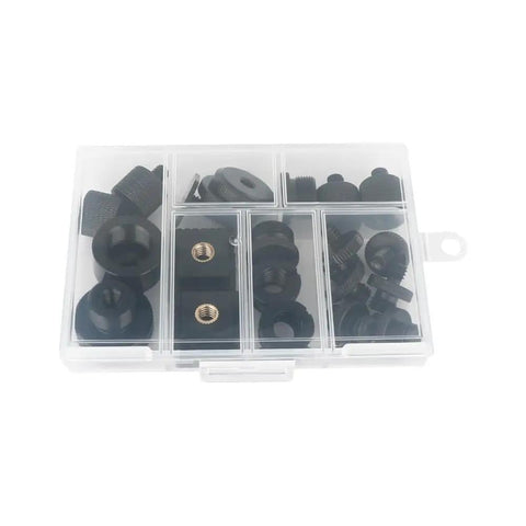 Game Changer 19 Piece Camera Screw Mount Kit Featuring Smooth 1 4 3 8 And 5 8 Thread Converters Plus Cold Shoe Adapter in storage case.