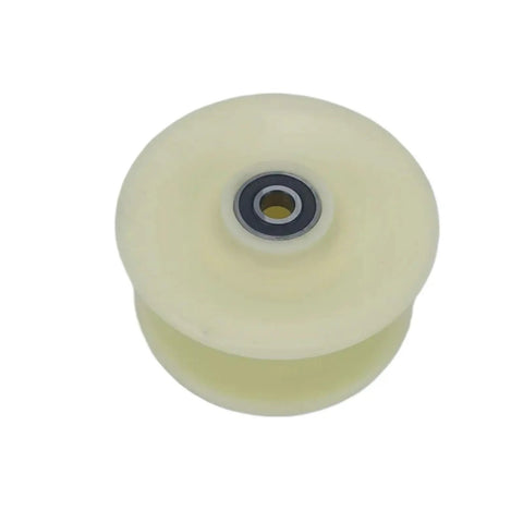No Sweat U Groove Sliding Gate Caster Wheel With Thick Nylon Roller and Heavy Duty Double Bearing Steel Guide Track for Smooth Garage Door Pull On Any DIY Home Job, side view showing nylon material and bearing.