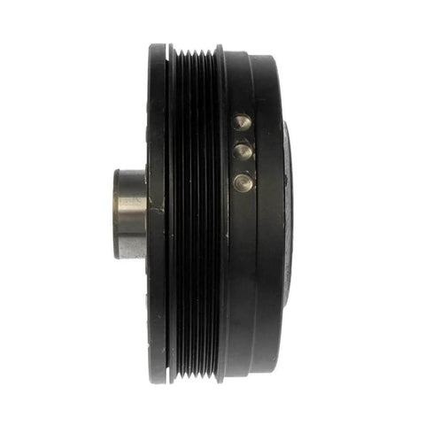 Side view of durable black harmonic balancer replacement for Buick Lucerne 2006-2008, serpentine drive belt type and keyway, OEM 12563265