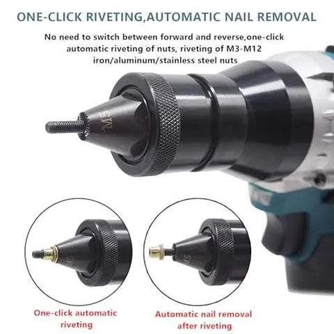 Close-up of Grab And Go Cordless Electric Rivet Tool Kit demonstrating one-click automatic riveting for M3 to M12 fasteners.