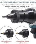 Portable Cordless Rivet Gun With Rechargeable Battery And M3 To M12 Inserts Automatic One Button Pop Riveter showing automatic riveting and nail removal features.