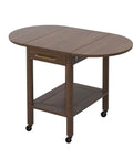 Wooden table with drop-leaf design and lower shelf on metal caster wheels