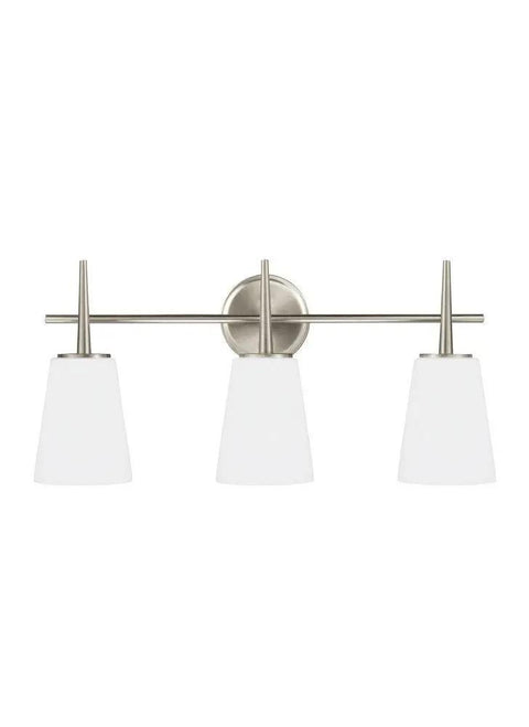 Driscoll Three Light Vanity Wall And Bath Fixture In Brushed Nickel with white glass shades for sleek bath lighting