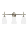 Brushed nickel Driscoll three light vanity wall and bath fixture with white glass shades shown front view
