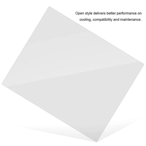 Open Frame Transparent Acrylic Computer Case For ATX Motherboard Perfect For Testing Overclocking And Gaming Easy Access And Killer Cooling Supports Longer Graphics Cards For Maxed Out Rigs, shown in flat view illustrates open style.