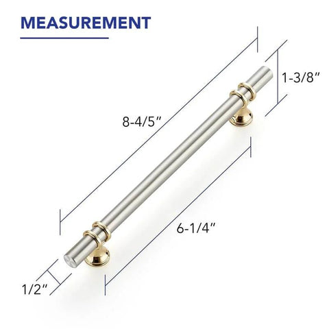 Premium Brushed Nickel And Gold Cabinet Pulls Set Ten Pack For Kitchen Cabinets Cupboards And Dressers Eight And Thirteen Sixteenths Inch Length Six And One Quarter Inch Center To Center With Included Screws For Easy Install measurements diagram