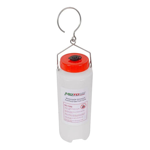 Universal Motorcycle Auxiliary Gas Tank Repair Kit With 1L Capacity, hanging with red lid and air outlet.