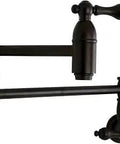 Wall Mount Pot Filler Faucet In Oil Rubbed Bronze With 8 1/8 Inch Spout Height, Dual Handles, Durable Brass Construction, Drip Free 1/4 Turn Ceramic Disc, Classic Restoration Style For Easy Kitchen Fill, showing side view