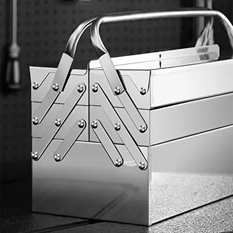 Tough as Nails Stainless Steel Tool Box Triple Layer Folding Design Portable Heavy Duty Storage Organizer Rugged Silver Case for Auto Repair Mechanics and DIY Projects 465X205X165mm Work Ready