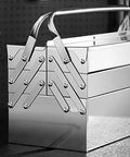 Built Like A Tank Knock Around Durable Foldable Stainless Steel Toolbox Set With Three Layer Compartments For Rugged Car Garage And Home Gear Organization Storage, showing the stainless steel handle and foldable design.